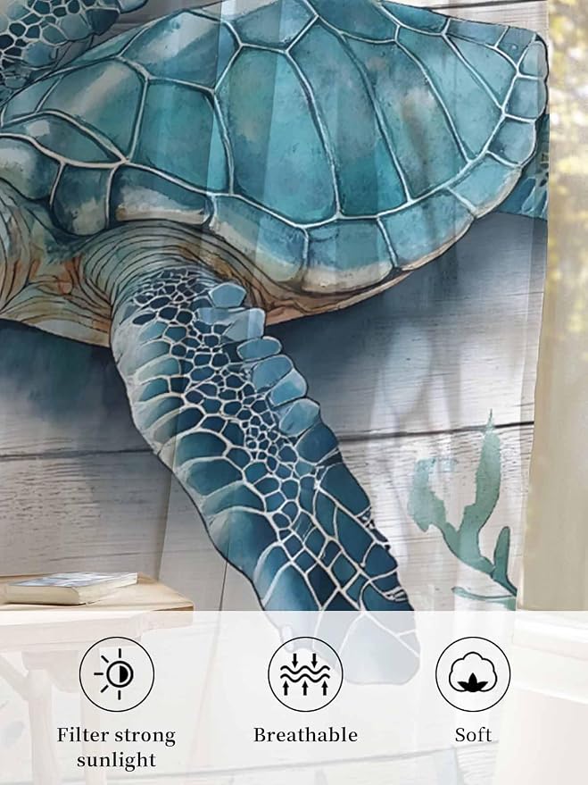 Sheer Curtains 63 Inch Length, Teal Green Sea Turtle Semi Sheer Curtains Light