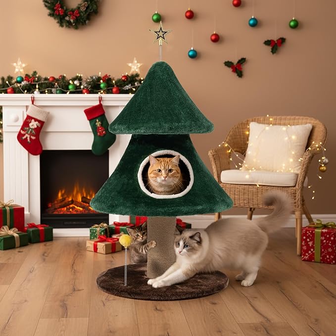 41" Tall Christmas Cat Tree, Stable Christmas Cat Tower with Scratching Posts and Gift Box, for Indoor Cats (41" Tall)