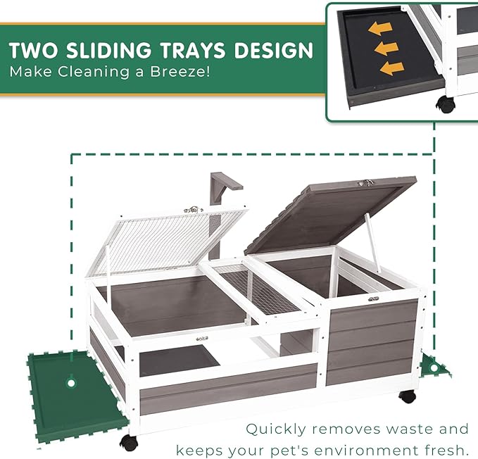 Tortoise Habitat Tank Indoor Outdoor, Wooden Tortoise House with Detachable Legs, 2-Room Reptile Turtle Enclosure Cage for Small Animals, Lamp Holder, Leakproof Tray, Grey