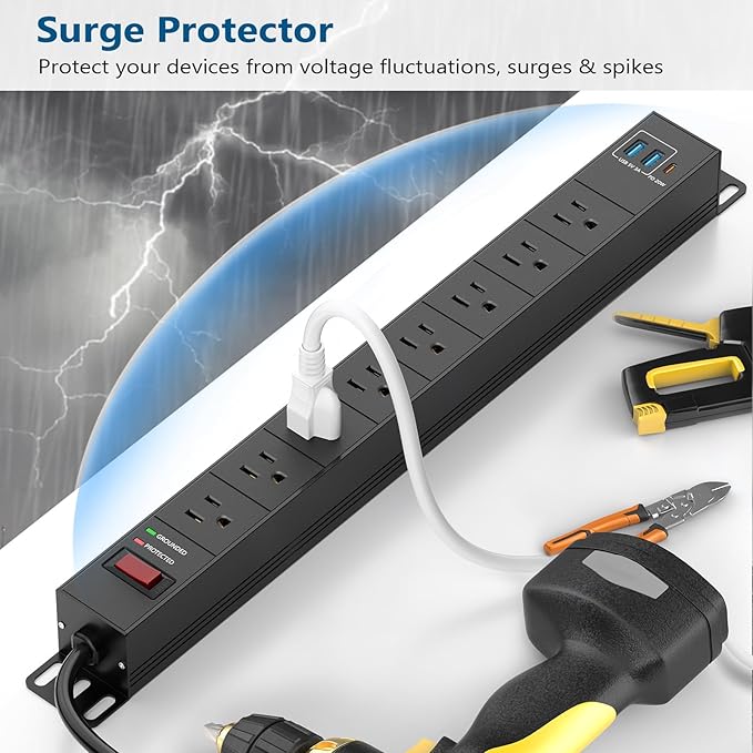 8 Outlet Heavy Duty Power Strip with USB PD 20W, BTU Surge Protector 6FT Cord Long Power Strip with USB A & USB C, Wide Spaced and Wall Mount Metal Powerstrip for Home Office Garage Workshop