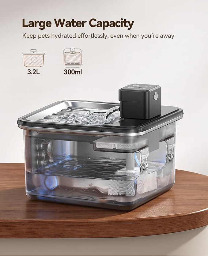 Cat Water Fountain Cordless: [Visual Filter] & [Heavy-Duty Stainless Steel] FEELNEEDY- Premium, Durable Design. 3.2L/108oz, 4000mAh Battery Operated Pet Fountain with Sensor, for Cats and Dogs