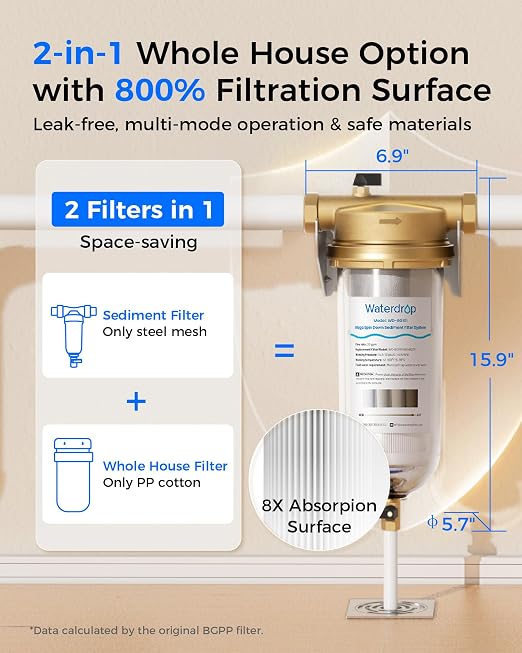 Waterdrop Mega Spin Down Sediment Filter, Reusable Whole House Water Filter