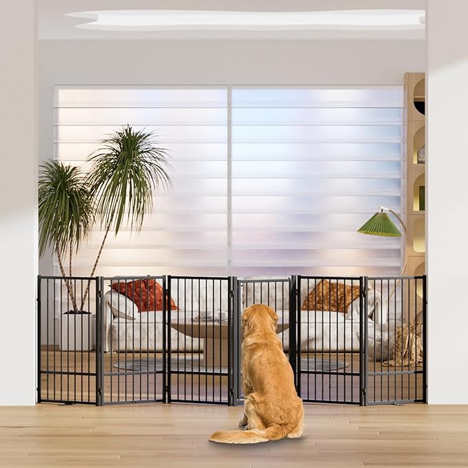 Full Metal Freestanding Dog Gate with Door, 36''Height Foldable Pet Dog Fence for Indoor & Outdoor, 6 Panels Extra Wide Free Standing TallDog Gates for Doorways,House,Stairs,Porch,Deck,Yard