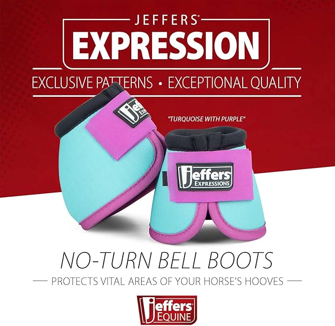 Jeffers Expression No Turn Bell Boots for Horses - Turquoise & Purple, Medium | Shock Absorbing Hoof Protection | Secure Double Hook & Loop Closure, Perfect for Turnout, Training, & Riding - 1 Pair