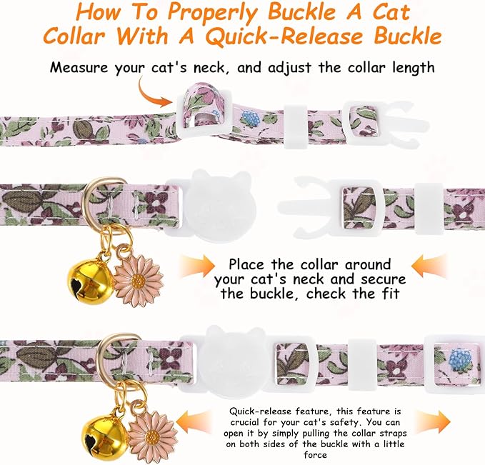 2 Pack Cotton Breakaway Cat Collars with Bell and Daisy Charm - Cute Kitten Cat Collar for Girl Cats and Boys, Adjustable Size 7.5-11 Inch