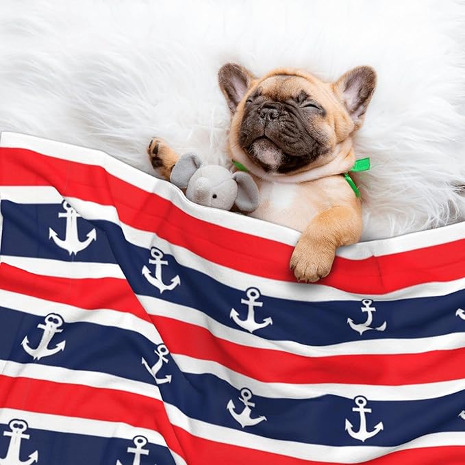 Two Sided Pet Cuddler Blanket for Anxiety Calming, Nautical Anchor Seamless Pattern Blue and Red Stripe, Reversible Plush Design with Bubble Dot Pattern Provides Familiar Surface Anywhere