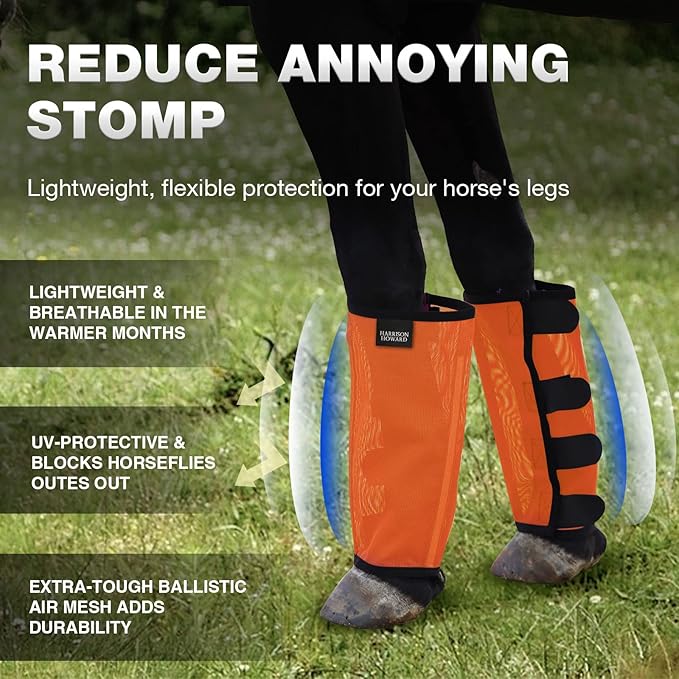 Harrison Howard Loose Fitting Fly Boots UV-Protective Extra Tough Mesh Ventilated Four Fasteners Stay-on Design Protect Horse Legs & Stomp-Reducing Set of 4 Orange Mini