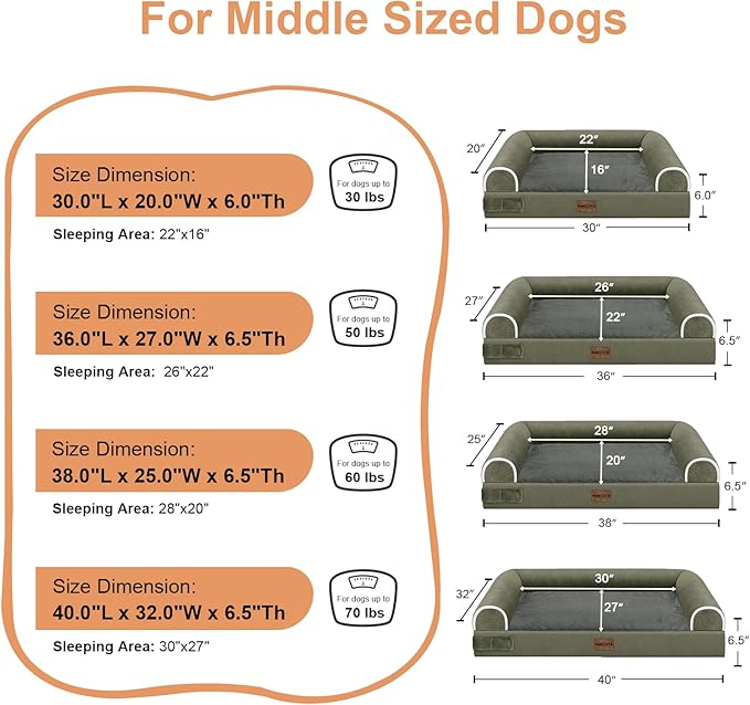Large Dog Bed Orthopedic Washable: Beds Bolster XL Bed Big XLarge Dogs Memory Foam Sofa Couch Waterproof Removable Cover - Dark Green