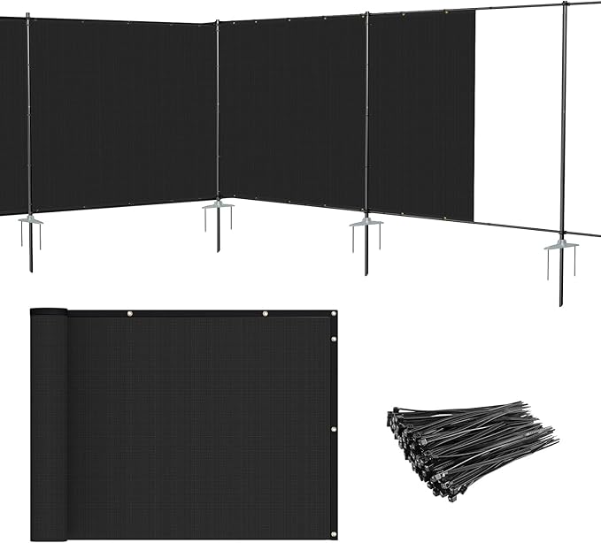 Patio 6' x 43' Outdoor Privacy Screen Freestanding Temporary Fence Panels Net Cover with Metal Poles for Outside Backyard Pool Garden Air Conditioner Fencing, Black