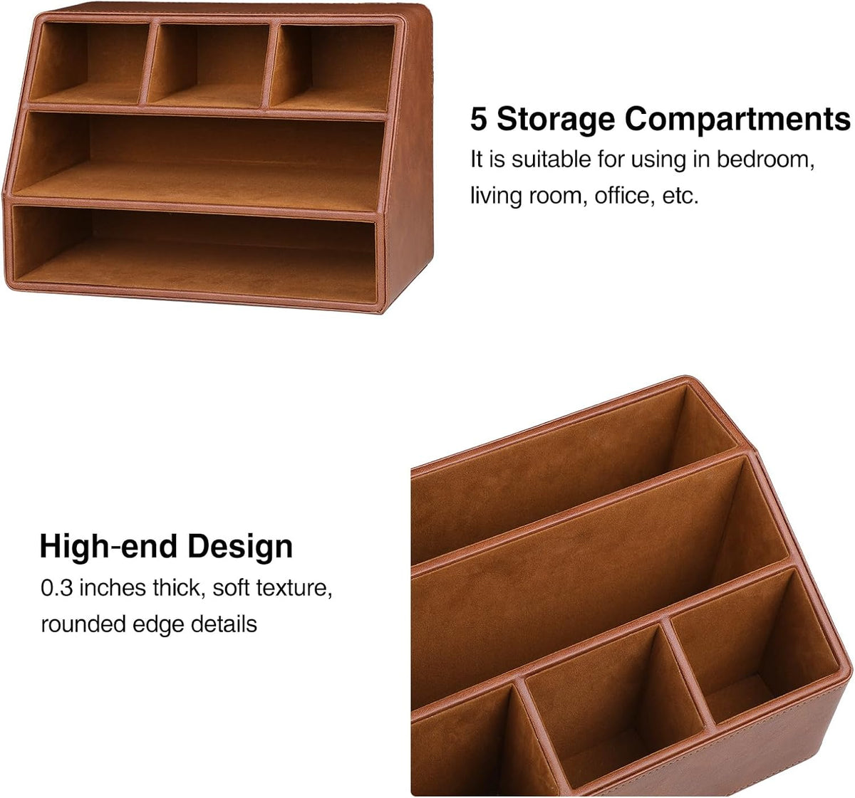 PU Leather Desk Organizer, Remote Control Holder (Brown)