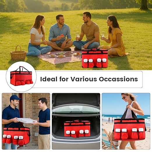 Insulated Food Delivery Bag with 4 Cup Holder, with Bottom, XXX-Large Insulated Grocery Bags with Zippered Top, Cooler Bags with Drink Carrier, Food Carrier Catering Bag,Red