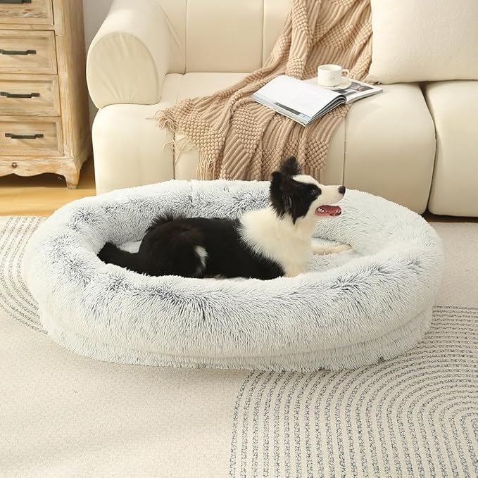 Glow Pups Calming Dog Bed with Memory Foam Nesting Bolster, Ultra-Soft Faux Fur, Removable Fur Cover, Non-Slip Base, Machine Washable, Suitable for All Dog Breeds, Light Grey (29.5" X 21.7" X 7")
