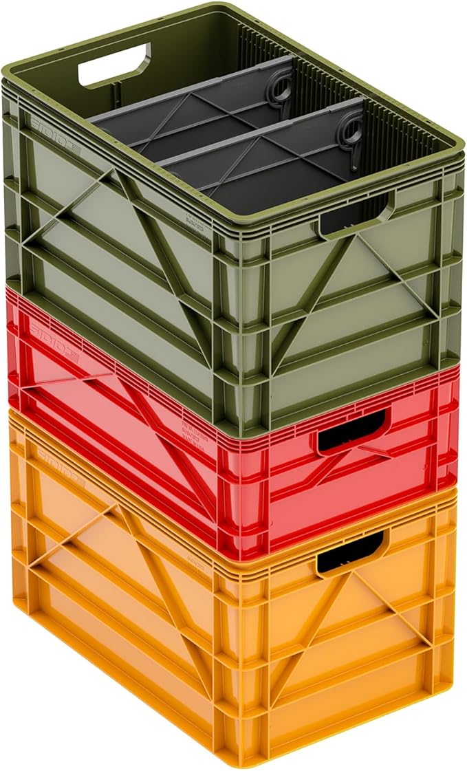 SIDIO Crate Basic Pack - 2 Full-Size & 1 Half-Size Heavy Duty Stackable Storage Bins, Totes and Containers with Dividers - Durable Plastic Organizer for Home, Office, Garage, and Outdoor Use