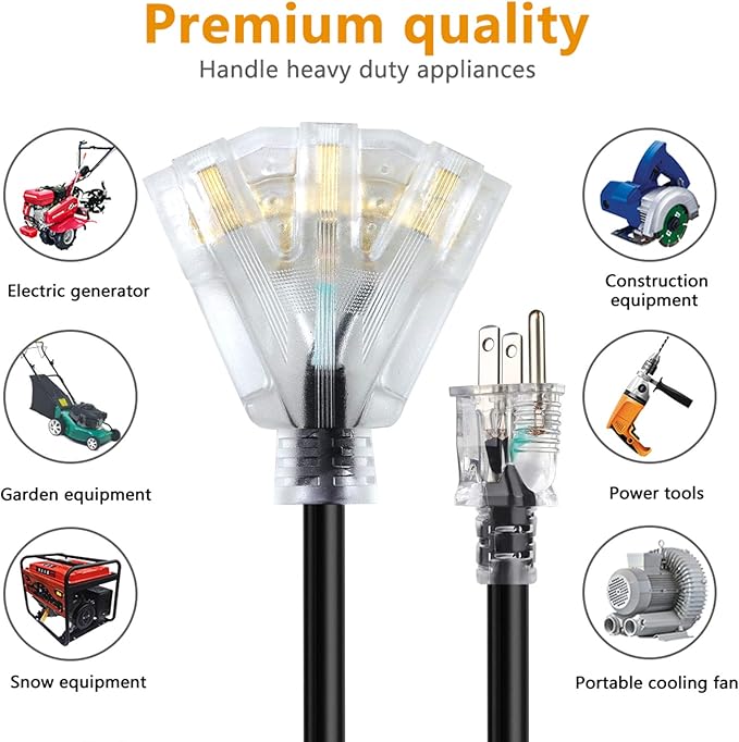 25FT 12/3 Extension Cord Heavy Duty Black 3-Outlet Indoor/Outdoor SJTW Lighted 12-Gauge Grounded Power Cable,12AWG 15 Amp, 1875 Watts，UL Listed，Safety