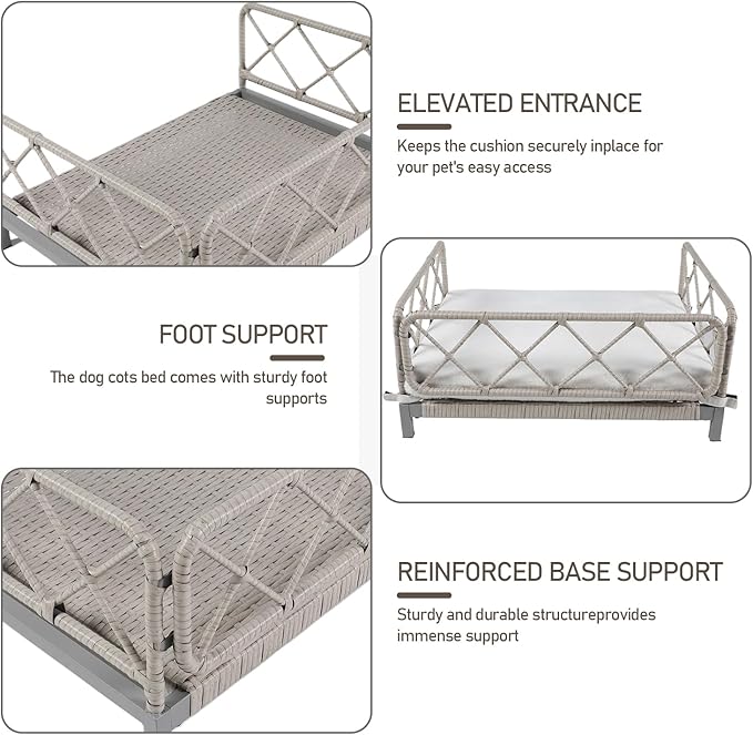 Boho Rattan Dog Bed, Pet Sofa Couch Bed with Removable Cushions - Indoor/Outdoor Durable Pet Furniture for Small/Medium Dogs (Gray)