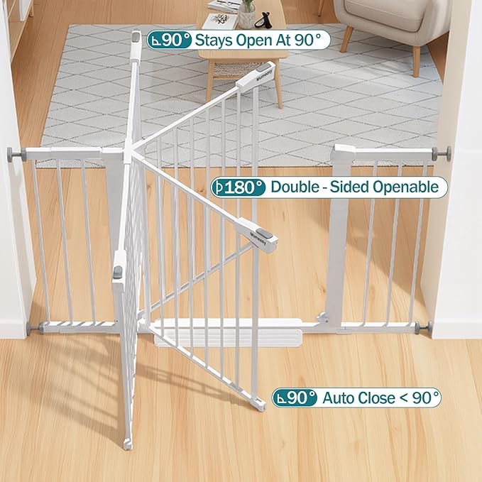 Mumeasy 29.7–48" Baby Gate for Stairs, Dog Gate for Doorways, Auto Close Child Gate, Indoor Safety Pet Gate with Walk Thru Door, Easy Install Pressure Mounted Extra Wide Gate for Kitchen, House,White