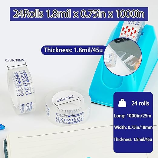 COSIMIXO 24Rolls Crystal Clear Tape Refills for Dispenser, 3/4Inch x 1000 inch,Bulk Transparent Tape,Office Stationery Tape for Home and School
