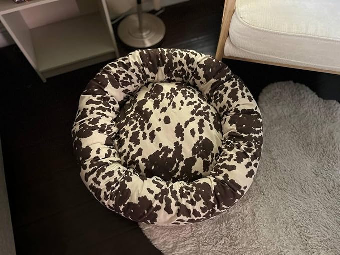 Organic Cotton Canvas Dog Bed: Removable Cover, Natural Fill - Made in USA (Cow Print Brown White, Large 35" x 8" inches)