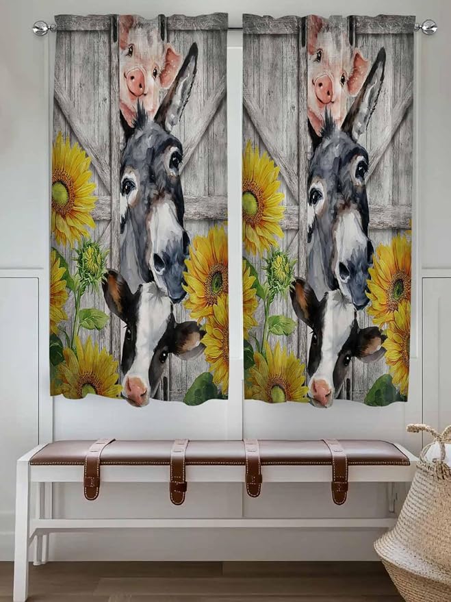 Farmhouse Living Room Curtains 72 Inches length, Vintage Sunflowers Animals