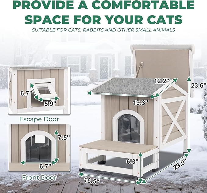 Small Insulated Cat House, Wood Outdoor Cat House Weatherproof with Cat Scratching Cloth, 2 Doors, Balcony, Outside Indoor Clawsable Pet Houses Feral Cats Shelter for Winter, Grey