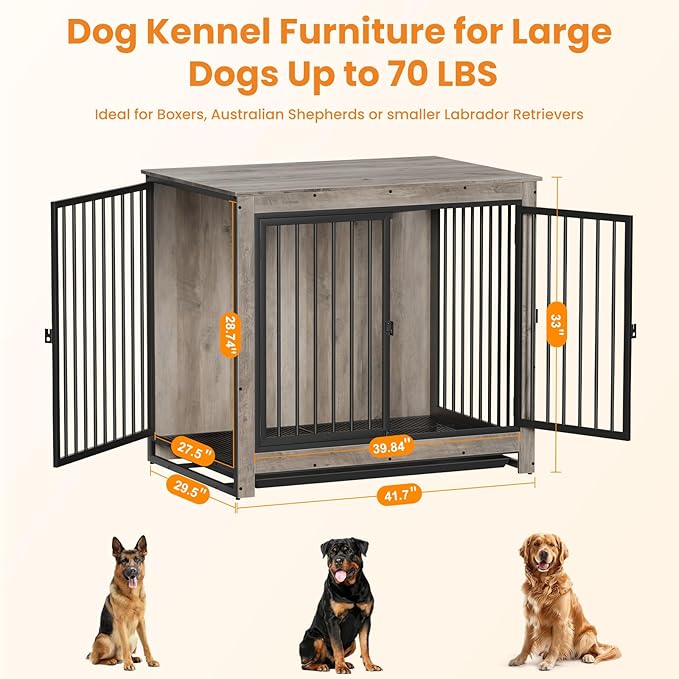 Dog Crate Furniture, 42 Inch Indoor Large Dog Kennel for Medium to Large Dogs Up to 70 LBS, Heavy Duty Wooden Pet Cage End Table with 3 Doors, Alloy Steel Frame & Removable Tray