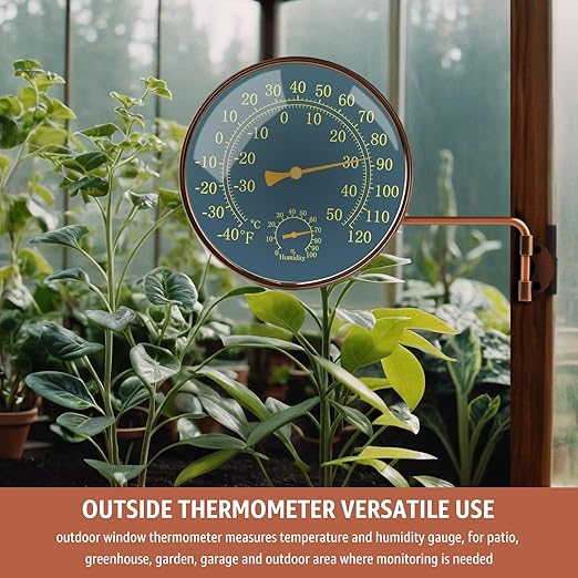6-Inch Outdoor Thermometer and Humidity Gauge, Window Thermometer for Outside Temperature and Humidity Monitor, Brass Analog Dial, Battery-Free for Patio, Garage, Greenhouse, Garden, Wall