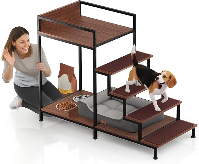 Dog Window Perch with Stairs - Multilevel Perch to Look Out Window with 130 lbs Load Capacity - Pet Bunk Bed with Feeding Station & Anti-Slip Carpet (Walnut Color)
