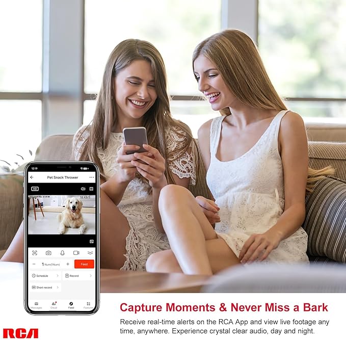 RCA Dog & Cat Smart Camera Treat Dispenser, WiFi-Enabled, 1080p HD Camera, Two-Way Audio, App Control, Compatible with Alexa & Google Assistant – for Small Treats & Kibble