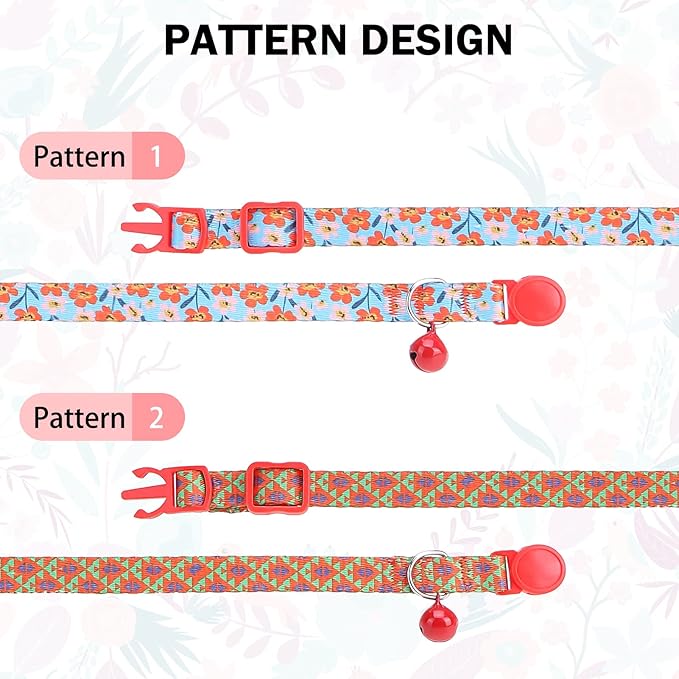 Breakaway Cat Collars for Girl Boy Cats, Fall Winter All Weather Cat Collar Personalized Pattern 2 Pack,Cute Classic Safety Buckles and Bells,Adjustable Printed Nylon Colorful Red