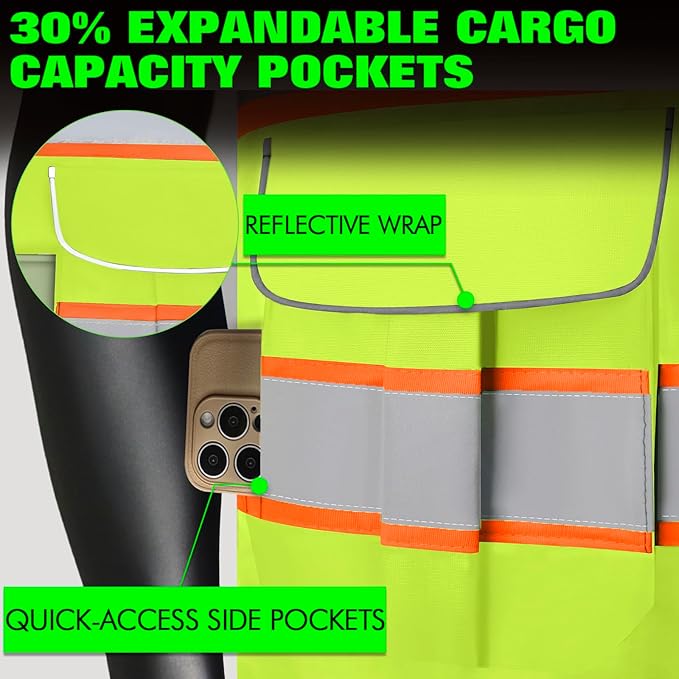 BeautyWill Custom Logo Safety Vest 8 Pockets Class2 ANSI Certified High Visibility Reflective Vest for Men - Personalized Logo Heavy-Duty Work Vest（Yellow，XL）