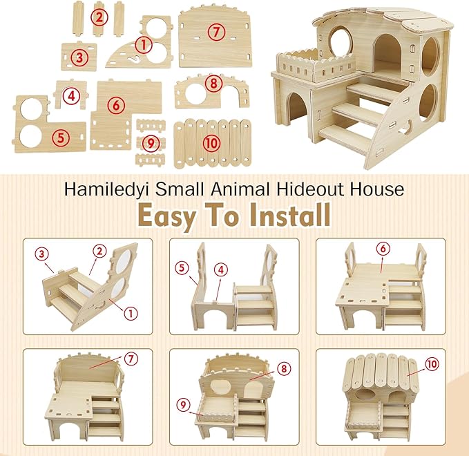 Hamiledyi Wooden Hamster Hideout Maze Small Animal Activity Toy Hamster House and Habitat Wooden Hut with Ladder for Dwarf Hamsters Small Gerbils Tiny Mice and Other Similar Sized Animals
