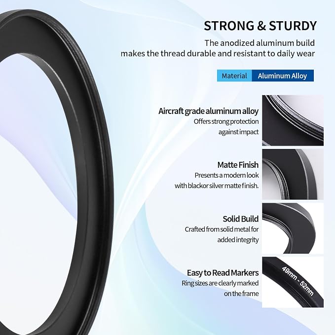 49-52mm Step-Up Ring Adapter, 49mm to 52mm Step Up Filter Ring