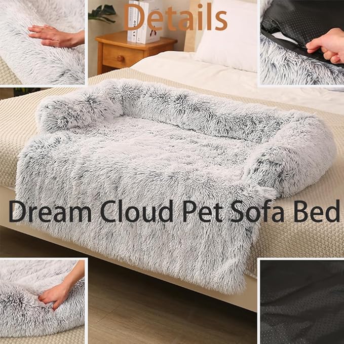 Dream Cloud Pet Sofa Bed for Dogs Cats, 2026 Washable Removable Calming Fluffy Plush Mat for Furniture Protector, Long Fur Non-Slip, for Small/Medium/Large Home Pets (Grey, S：27.6 * 24in)