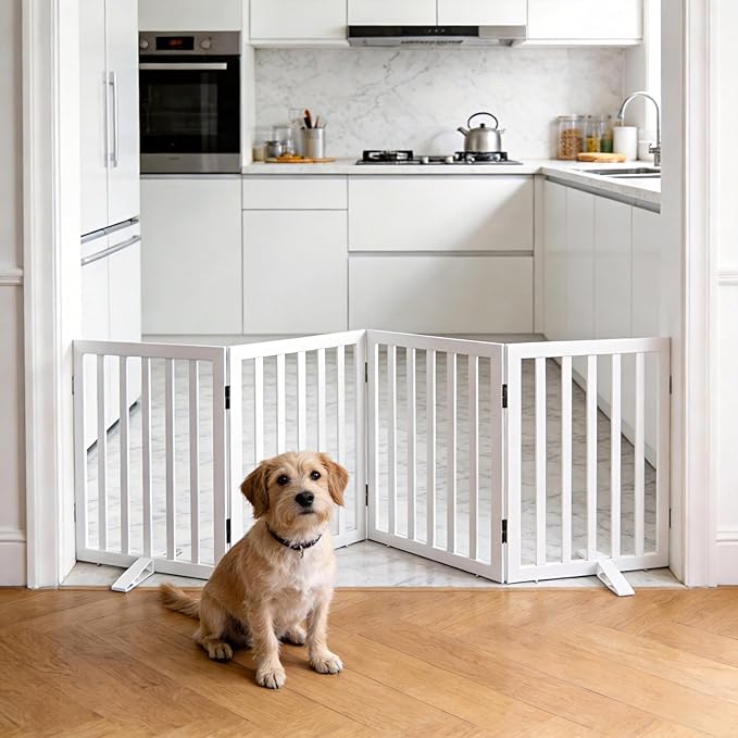 ZJSF Freestanding Indoor Dog Gate for House Foldable Wood White Puppy Gate for Doorways Pet Gate for Stairs Extra Wide Pet Fence 24" Height 4 Panels