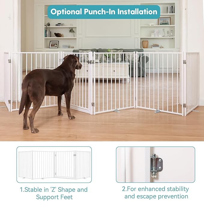 No Pawblems Free Standing Dog Gate with Door, 30'' Tall Foldable Dog Fence for Indoor & Outdoor, Up to 208 Inch Extra Wide Puppy Gate for Stairs, Hallways, Doorways, Deck, Yard (White, 8 Panels)