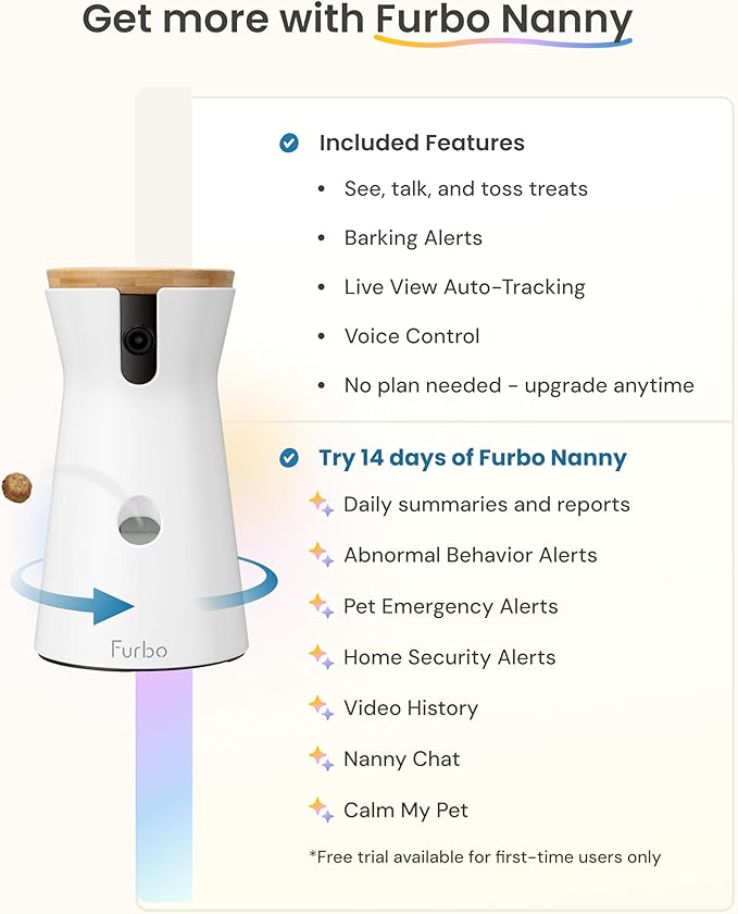 Furbo 360° Dog Camera + Power Adapter: Pet Cam w/Barking Alerts, Rotating View, Treat Toss w/Phone App, Puppy Monitoring, 2-Way Speaker, No Subscription Needed. Standard See, Talk, & Toss Features