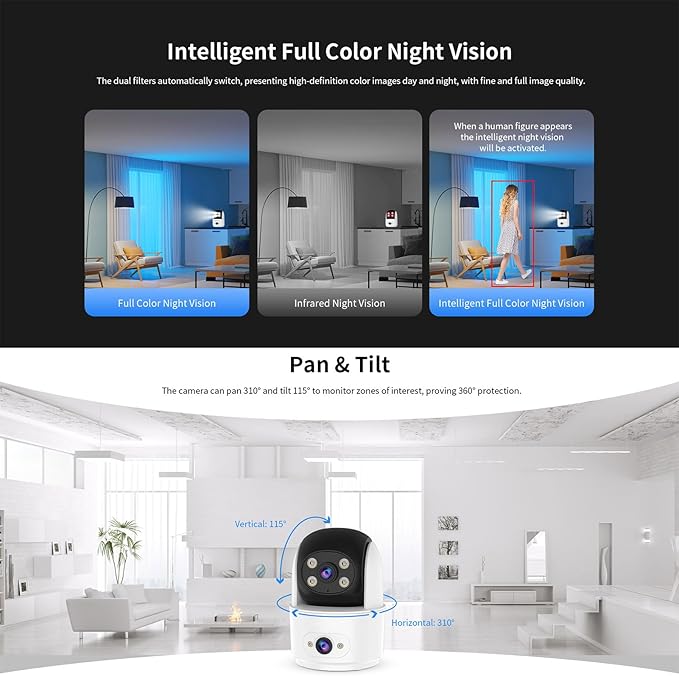 Yinhing 3MP Dual Lens Indoor Security Camera, AI Human Detection Auto Tracking 2.4GHz WiFi Pet Camera with Two Way Audio Color Night, for Home Baby Monitoring (US Plug)