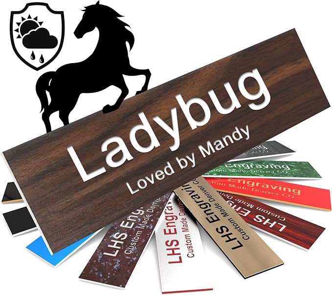 Horse Stall Name Plate, 2x10 Personalized Stall Signs, UV Protected, All Weather Adhesive, Hanging, Mounting or Other, Teak Plastic White Letters - Made in USA - N7