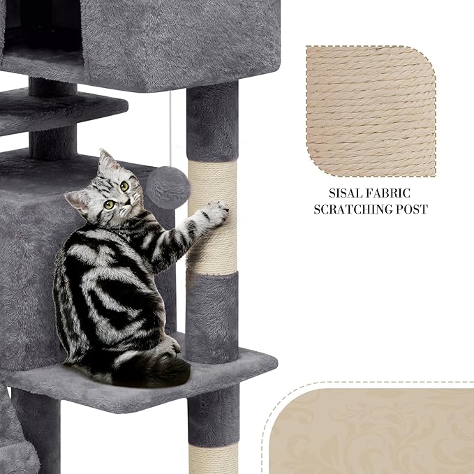 Athena Collection Cat Climbing Tree - 70 Inch Indoor Cat Activity Center with Multi-Levels, Cat Condo, Scratching Post, Dangling Ball, Dark Gray