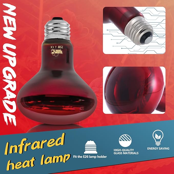 LUCKY HERP Infrared Heat Lamp 75W 2 Pack，Reptile & Amphibian Basking Spot Light Bulbs, Red Heat Lamp Bulbs for Reptiles, Bearded Dragon, Turtle, Lizard, Snake, Chicken