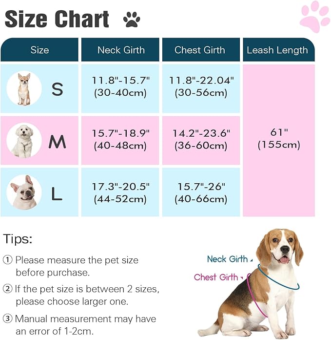 Pawaboo Small Dog Harness and Leash Set, Puppy Harness X-Frame No Pull No Choke, Dog Vest Harness Adjustable for Small Medium Sized Dogs, Soft Breathable Pet Harness for Walking Outing (S, Pink)