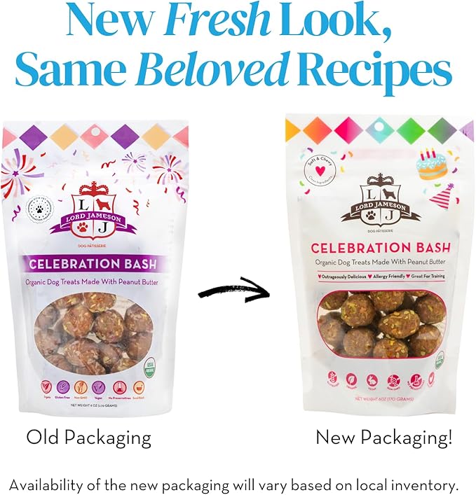 Lord Jameson: Celebration Bash 6 oz - Dog Patisserie Treats, Organic, Soft & Chewy No-Bake Superfood Bites, PB & Coconut, Gluten & Preservative Free