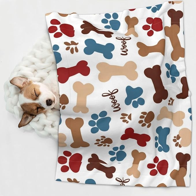Reversible Dog Blanket for Beds Couches, Dog Bones Paw Prints Cream, Double Sided Cat Blanket with Textured Dot Feel and Smooth Feel for Seasonal Comfort All Year