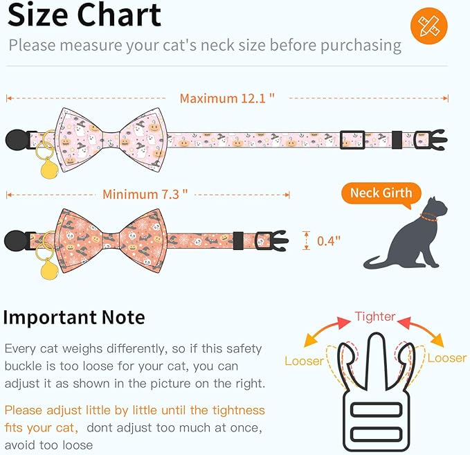 2 Pack Halloween Breakaway Cat Collar with Bow Tie and Bell for Boy Girl Cats,Cute Cotton Kitten Collar with Pink Ghost and Orange Pumpkin Pattern for Female Male Cats (Pink Ghost&Pumpkin)