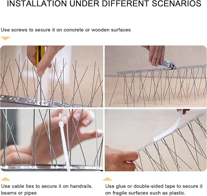 OFFO Bird Spikes with Stainless Steel Base, Durable Bird Spikes Arrow Pigeon Spikes Fence Kit for Keeping Small Bird, Crows and Woodpeckers Away, Covers 25 Feet(7.6m)