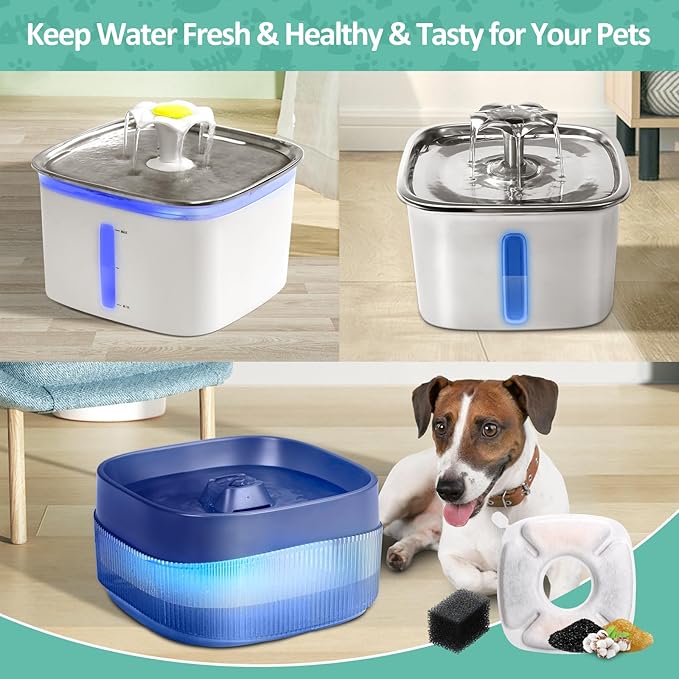 8 Pack Replacement Filters & Sponges Set for 67, 84, 95, 135oz Automatic Pet Fountain, Pet Fountain Replacement Filter, Triple Filtration Cat Water Dispenser Filters for Cats and Dogs