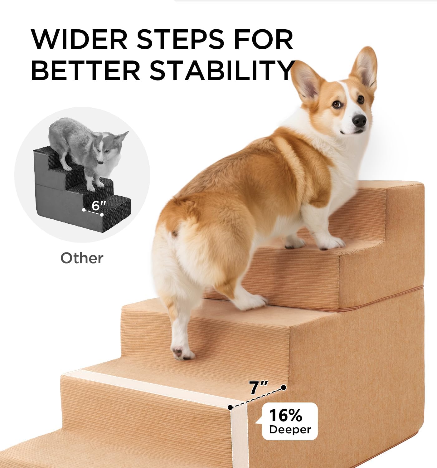 Made4Pets Dog Stairs for High Bed, Extra Wide Pet Stairs for Bed Couch Sofa, 35D Foam Pet Steps for Small Dogs and Cats, Non-Slip Bottom Dog Steps, Tan, 5 Steps