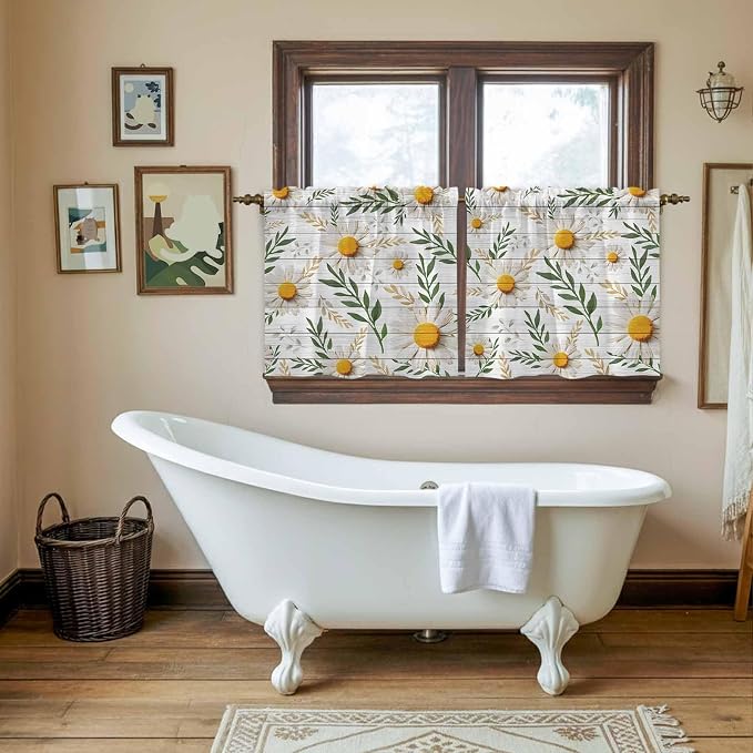 Spring Daisy Tier Curtains, Farmhouse Country Flower Leaf Plant Wood Grain