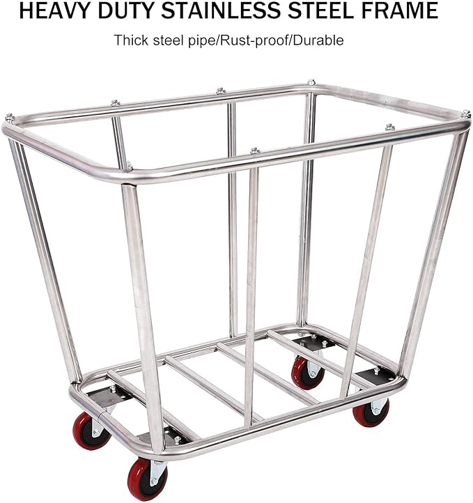 Laundry Cart Commercial/Home,10 Bushels Heavy Duty Large Stainless Steel Rolling Laundry Basket with Wheels，for Laundry/Toys/Sundries Organizer and Storage,260LBS Load