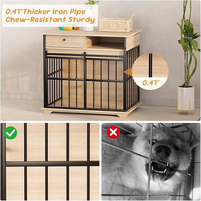 35.5" Dog Crate Furniture, Dog Kennel Indoor with Wheels for Medium Small Dogs, Wooden Dog Crate End Table with Drawer, Open Shelves and Sliding Door, Dog Kennel Furniture for Living Room, Bedroom